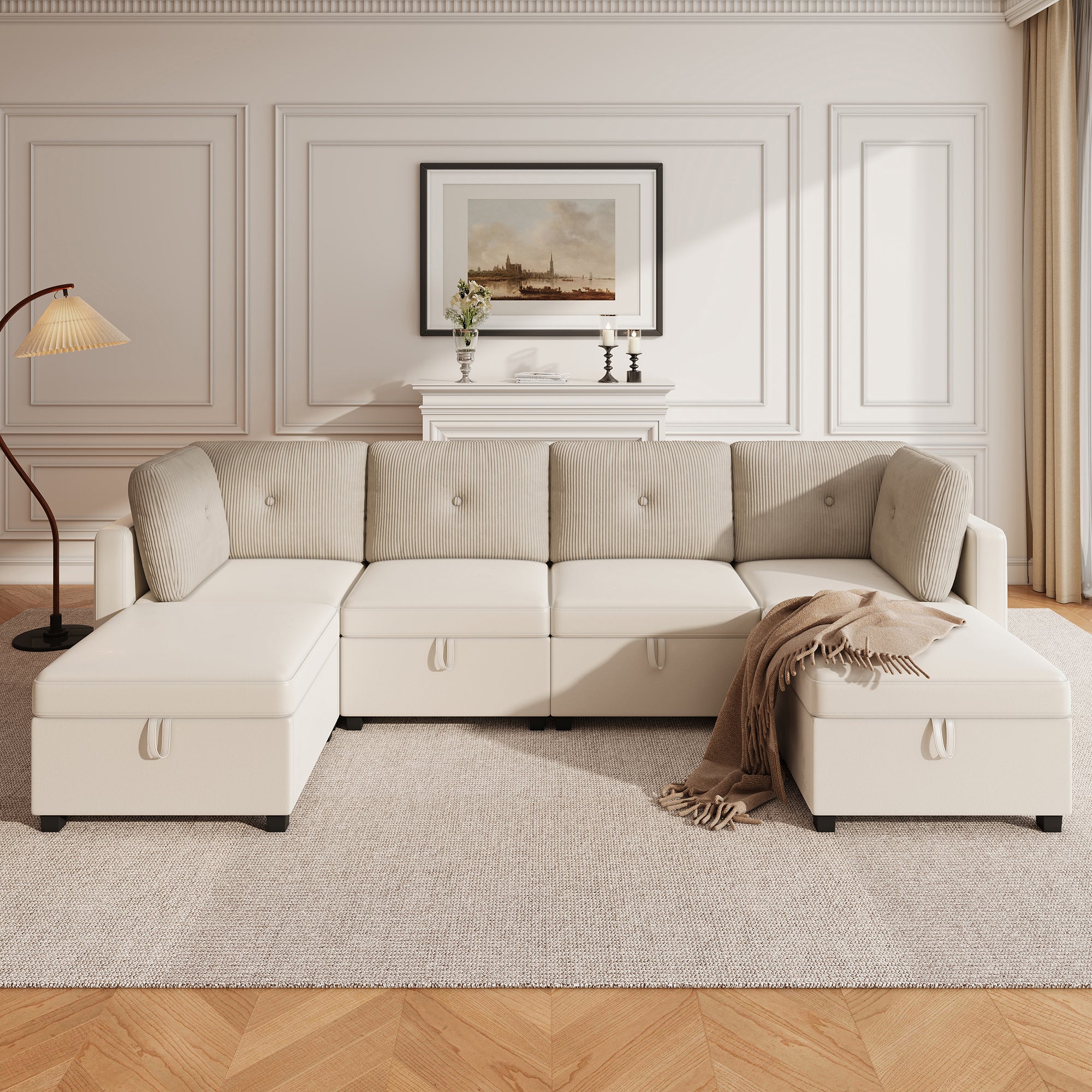 Canapé 6 places en forme de U - avec rangement - convertible multifonctionnel - velours + velours côtelé - beige - 3