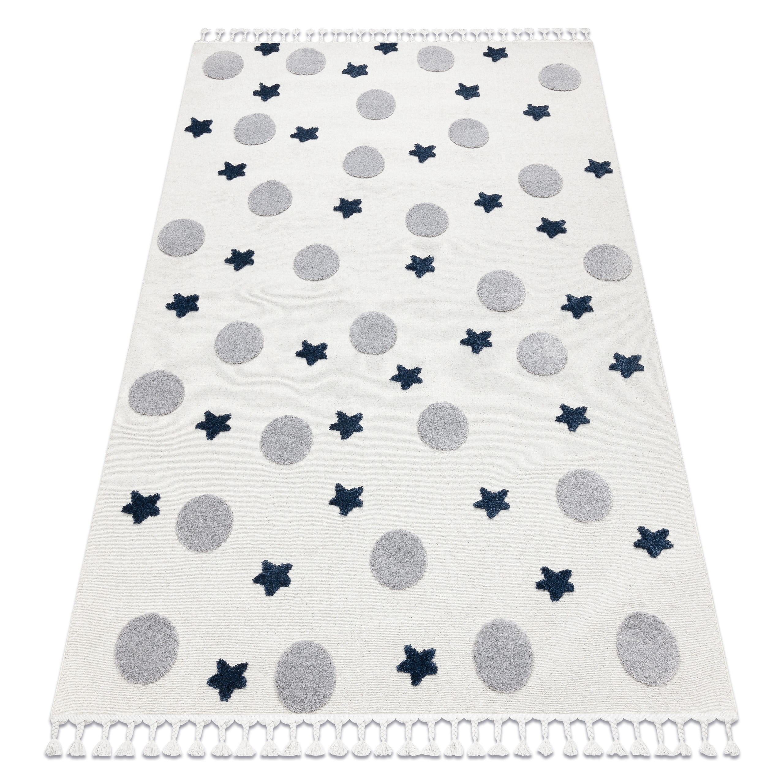 Alfombra yoyo gd75 blanco / gris - estrellas, circulos para niños, estructural, sensorial flecos 200x290 cm