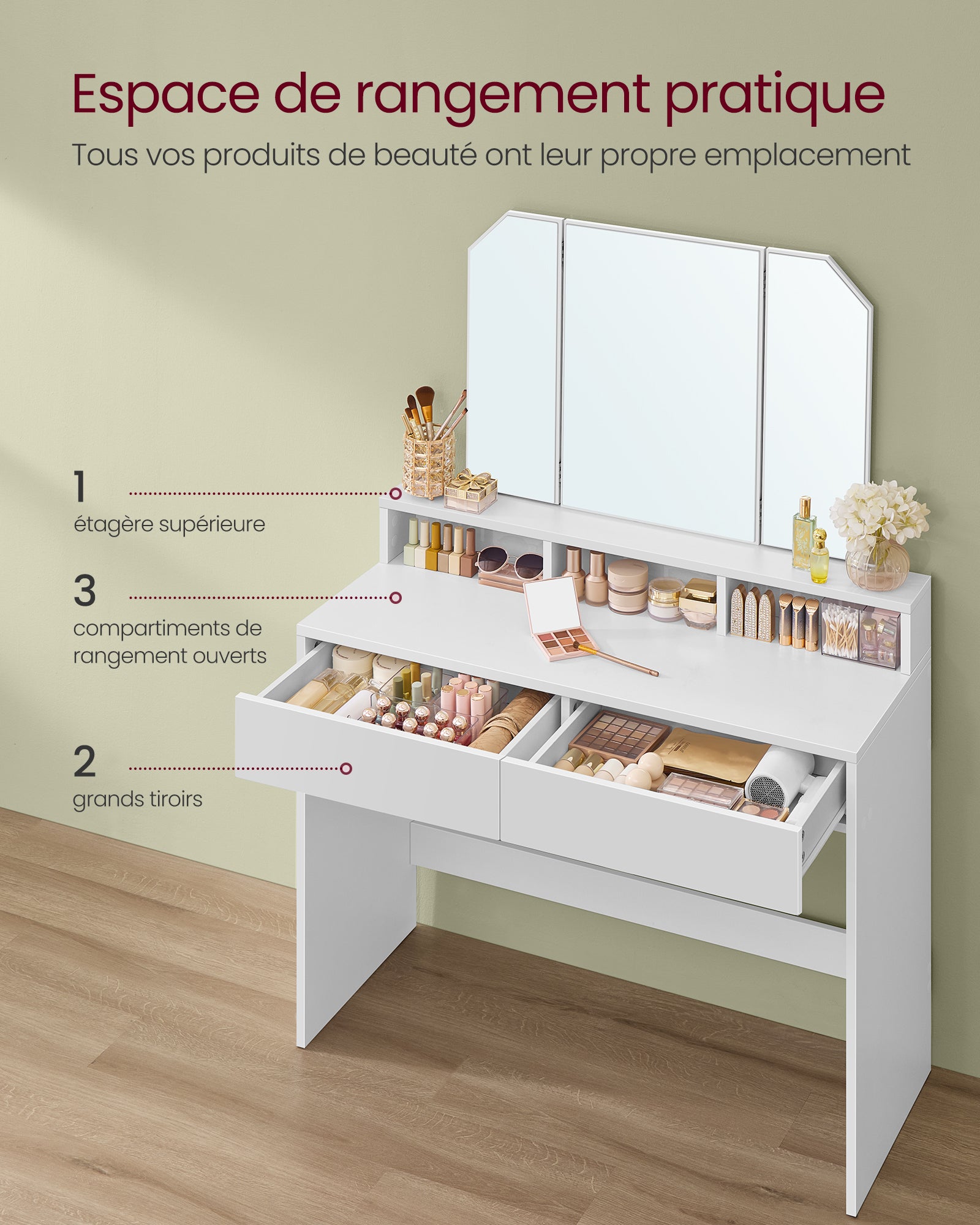 Coiffeuse Avec 3 Miroirs, 2 Tiroirs Et 3 Compartiments De Rangement, Sans Tabouret, 100 x 40 x 142 cm, Blanc - 4