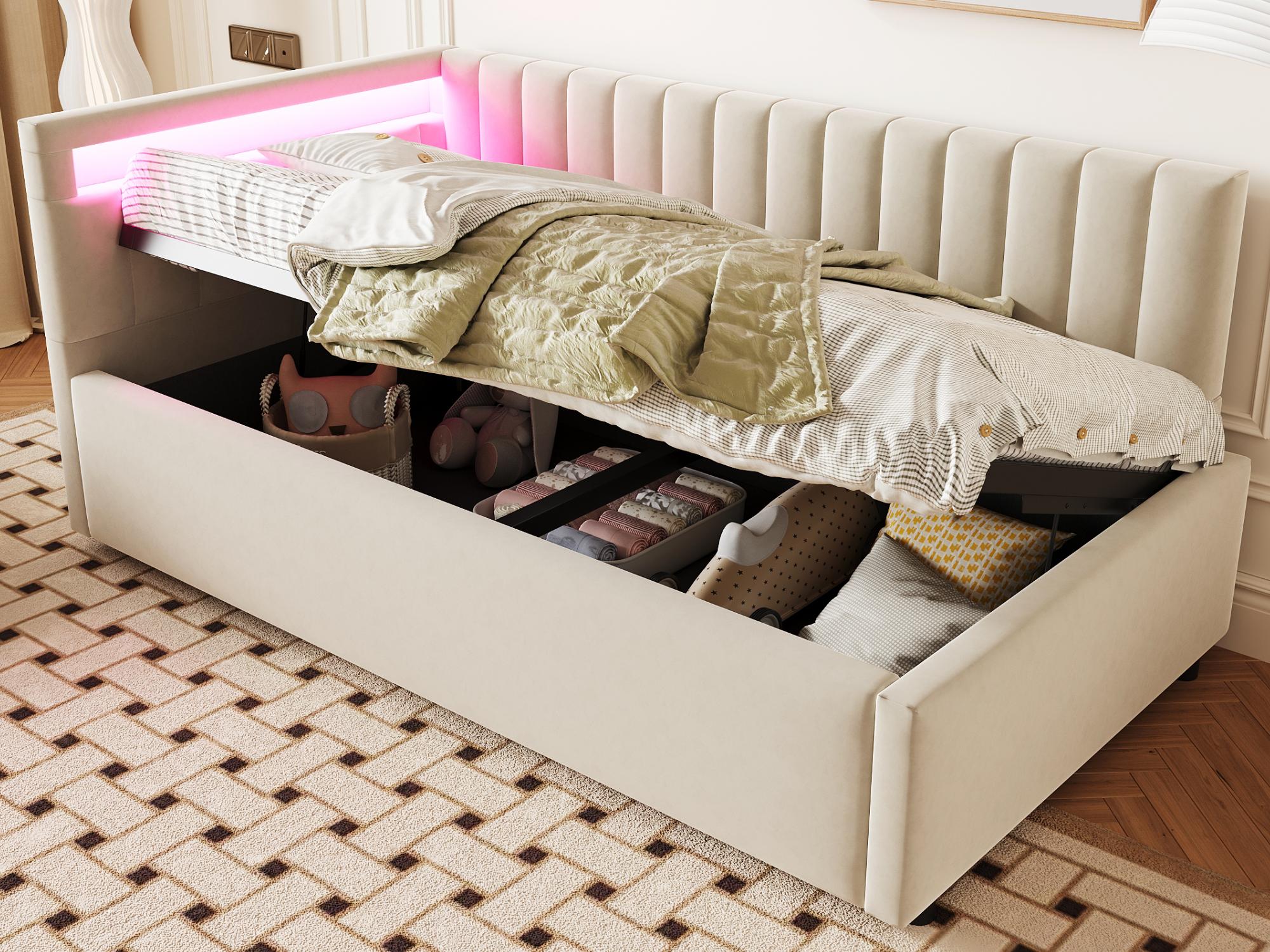 Łóżko skrzyniowe 90x200cm z LED - aksamitna tkanina - Beżowy