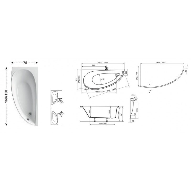 Avocado Bañera de esquina ahorra espacio orientación izquierda 150 x 75 cm en acrílico, Blanco (CT01000000) - 5