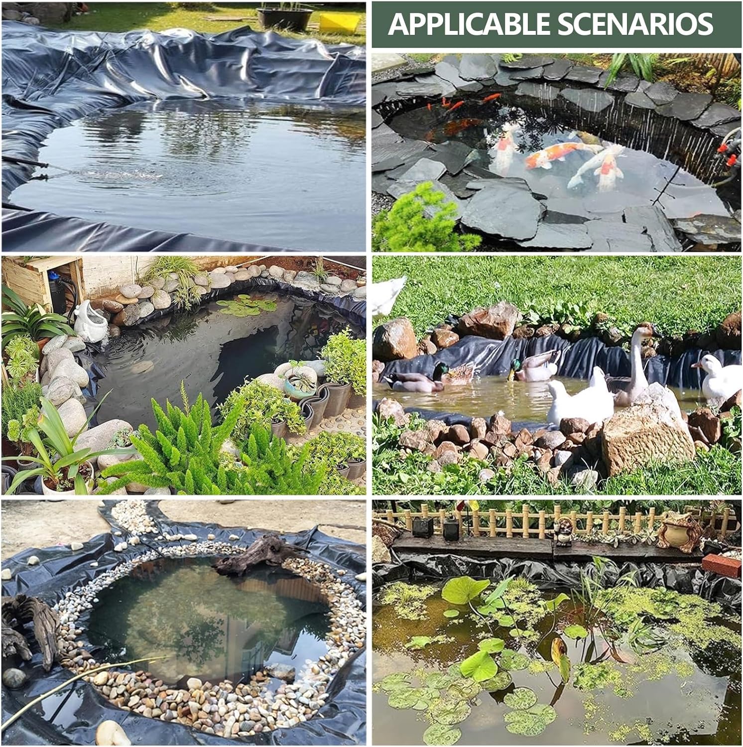 1 pièce de revêtement d'étang en PEHD durable noir (6 m x 7,6 m x 0,5 mm) pour extérieur, adapté à la membrane de piscine pour bassin à poissons, font - 5