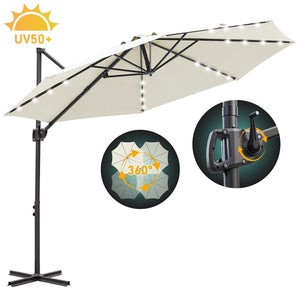 Sunnyglade Ombrellone Da Giardino Con 24 Luci LED Solari - 8 Costole, Regolabile In Inclinazione, Con Manovella, Nero/Bianco