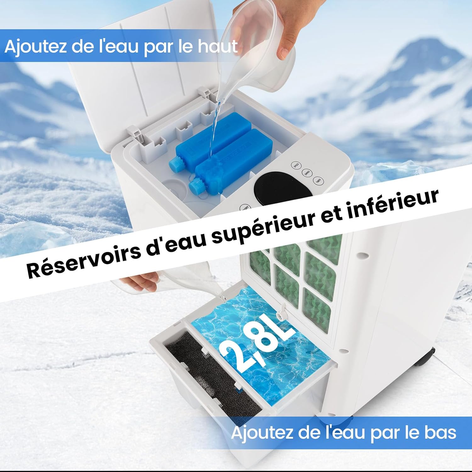 2,8L Climatiseur Mobile sans Évacuation-3 Vitesses 2 Blocs de Glace,Minuterie 12H-avec Télécommande Blanc - 5