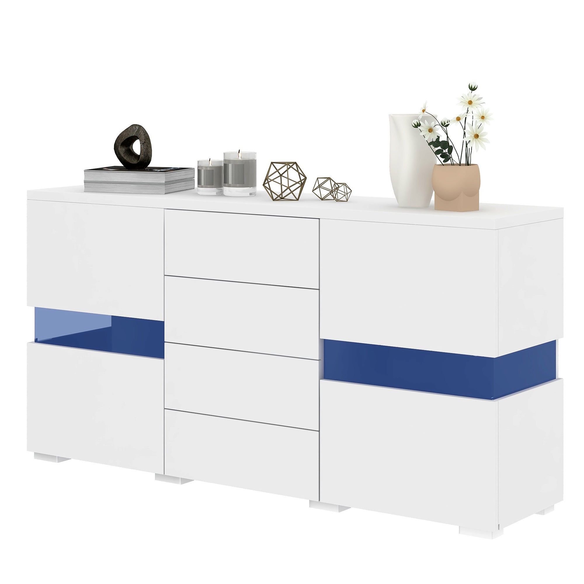 Buffet Moderne Blanc Brillant Avec LED RGB | 140x35x80 Cm, 3 Tiroirs, 2 Portes | Meuble Salon, Salle à Manger, Entrée