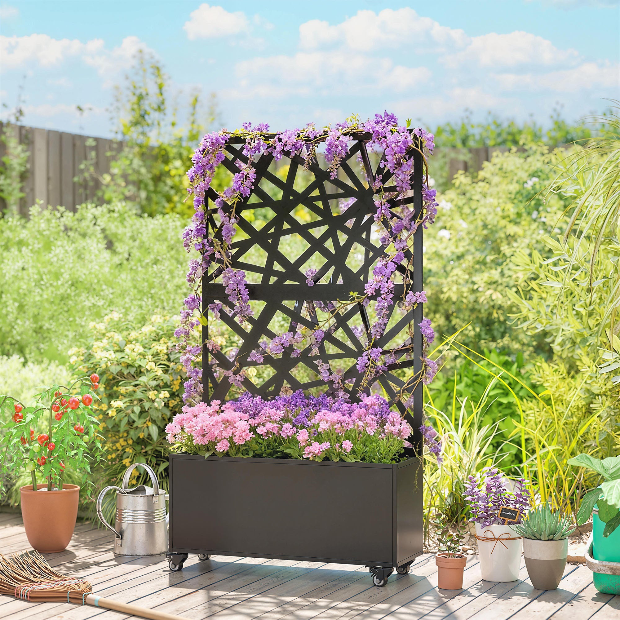 Jardinière avec treillis. bac à fleurs. avec brise-vue et roulettes verrouillables. métal. 90 x 30 x 160 cm. noir - 4
