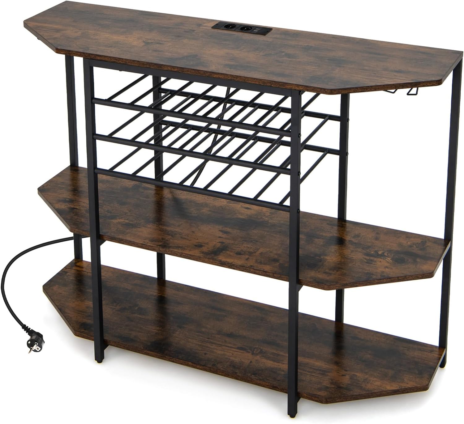 3-Poziomowy Regał na Butelki z Wbudowaną Stacją Ładującą – Otwarte Regały i Brązowe Uchwyty na Butelki Wina