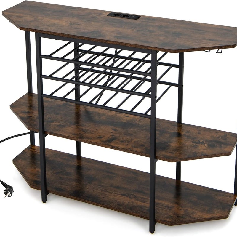 3-Poziomowy Regał na Butelki z Wbudowaną Stacją Ładującą – Otwarte Regały i Brązowe Uchwyty na Butelki Wina