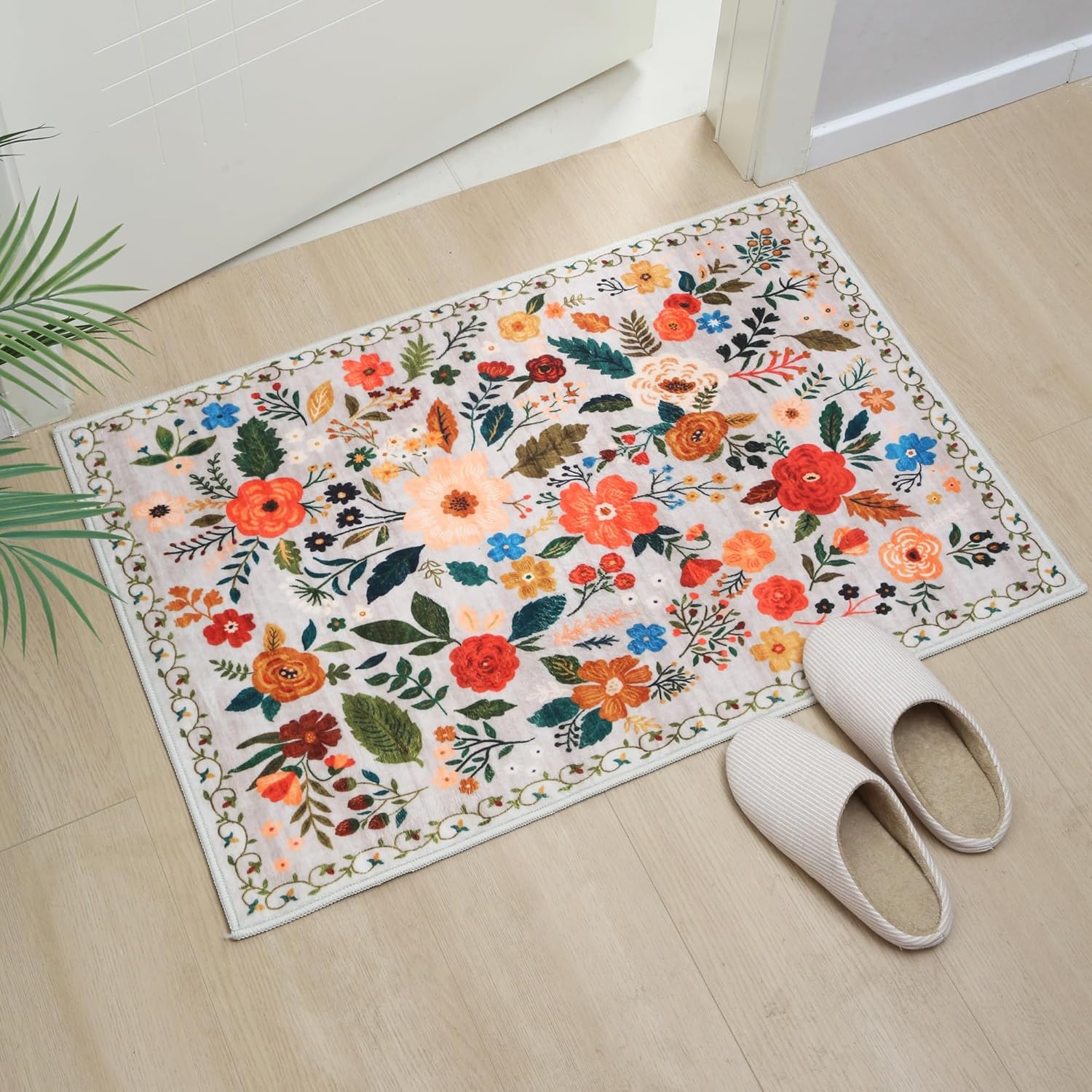 Tapis de porte pour entrée intérieure, tapis lavable en machine, petit tapis floral de style bohème, tapis à poils courts anti-dérapant（60*90cm） - 5