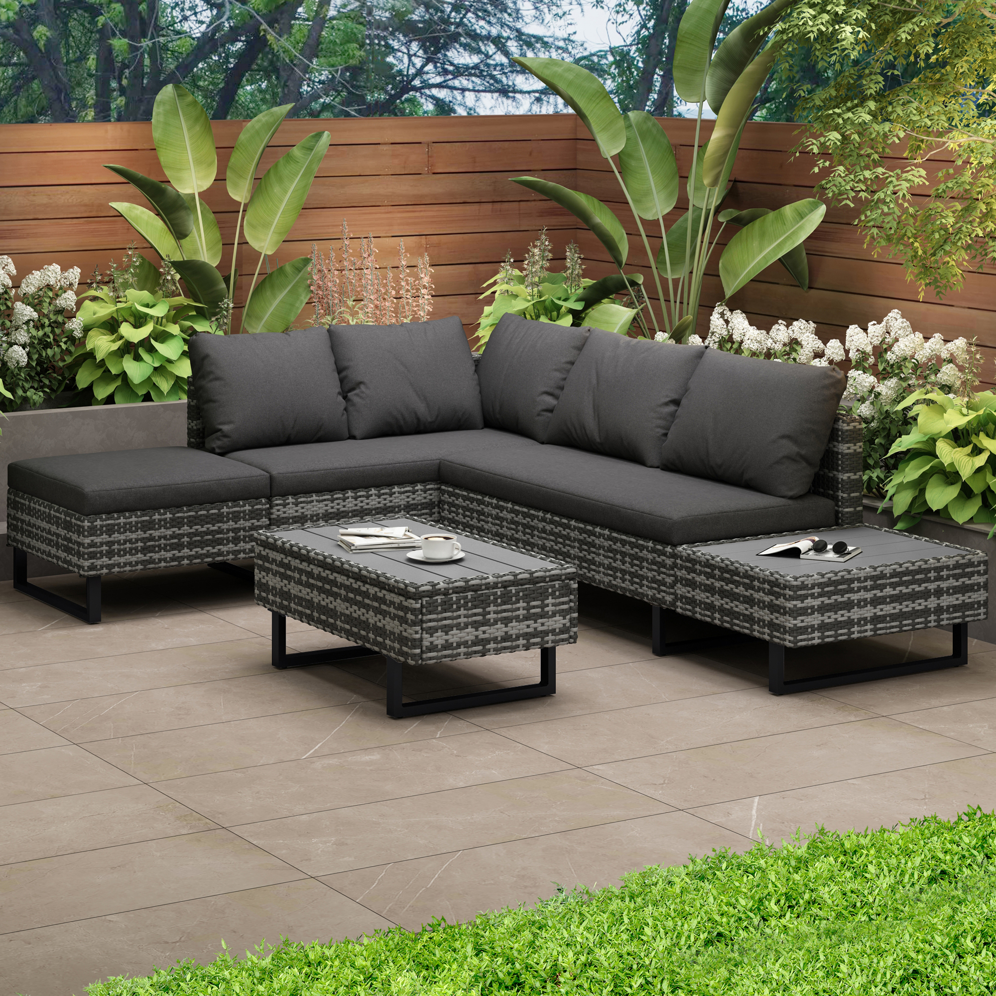 Salon de Jardin Exterieur en Rotin, Table de Jardin Exterieur avec Chaise, Canapé de Salon d'angle 4 Places avec Table et Coussins, Gris - 4