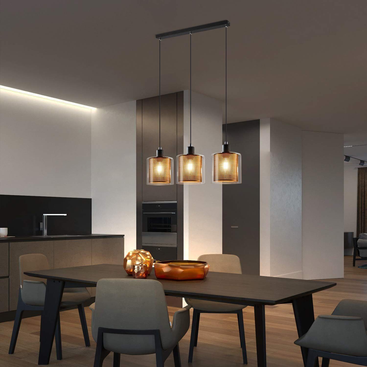 NETTLIFE Czarna złota metalowa lampa wisząca E14 średnica 171,5 cm Vintage Industrial Glass 3-Light Lampa do salonu, biura, jadalni - 3