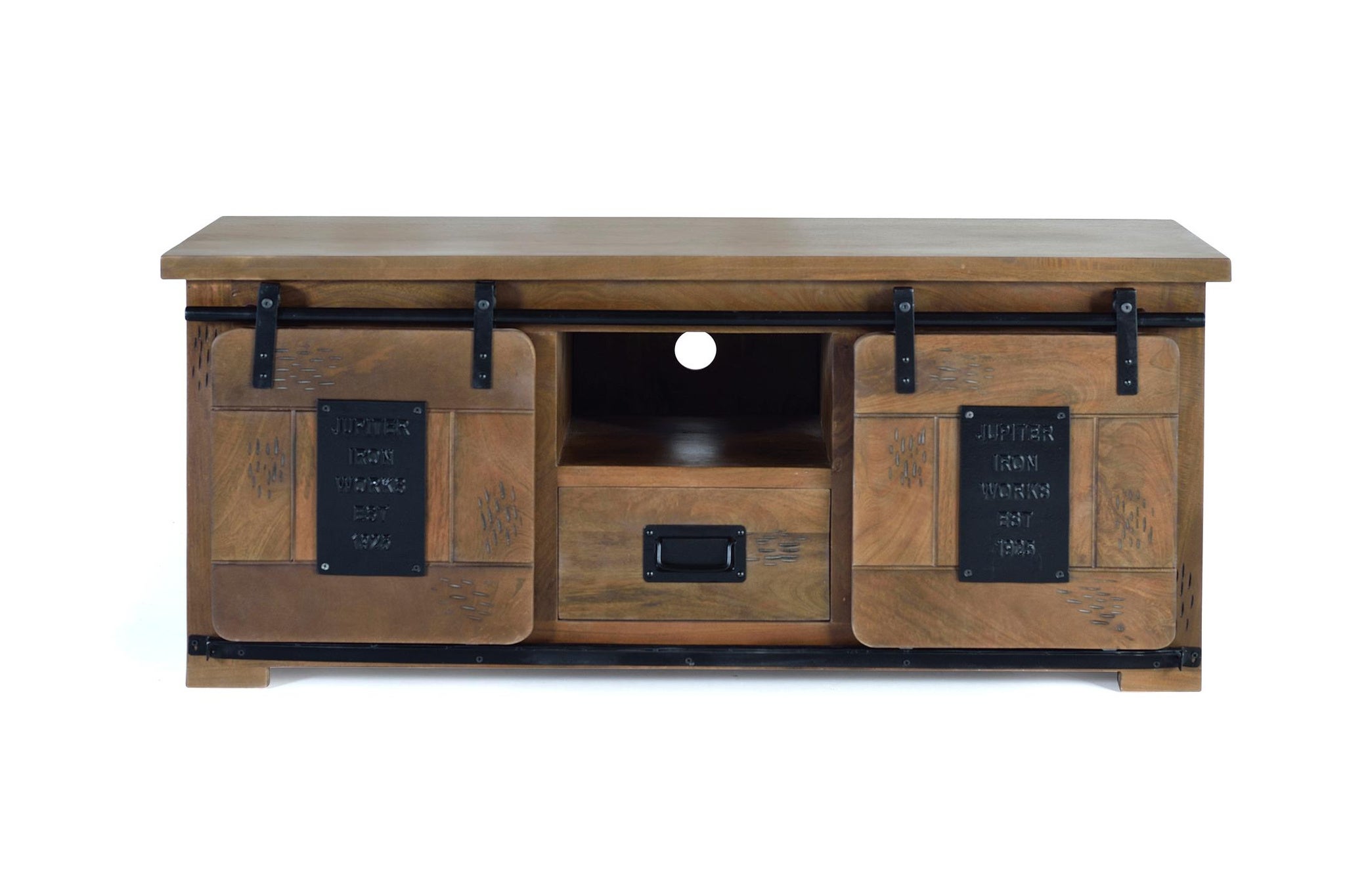 Stojak pod telewizor z drewna mango 130 cm w stylu industrialnym - 55x130x50 GYC