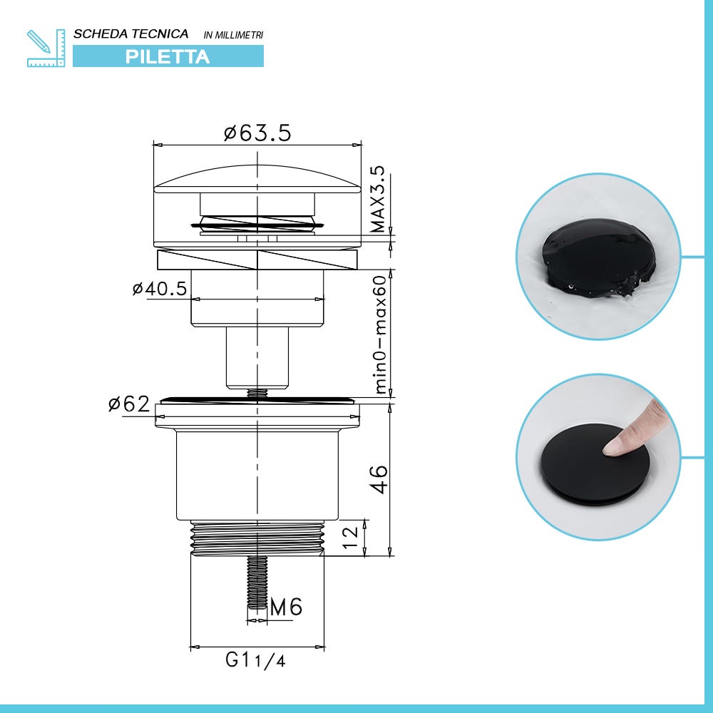 Wasserrhythm Tappo A Molla Click Clack Per Lavabo | Nero Opaco, Acciaio Inox 304, Filetto G1 1/4 BSPP