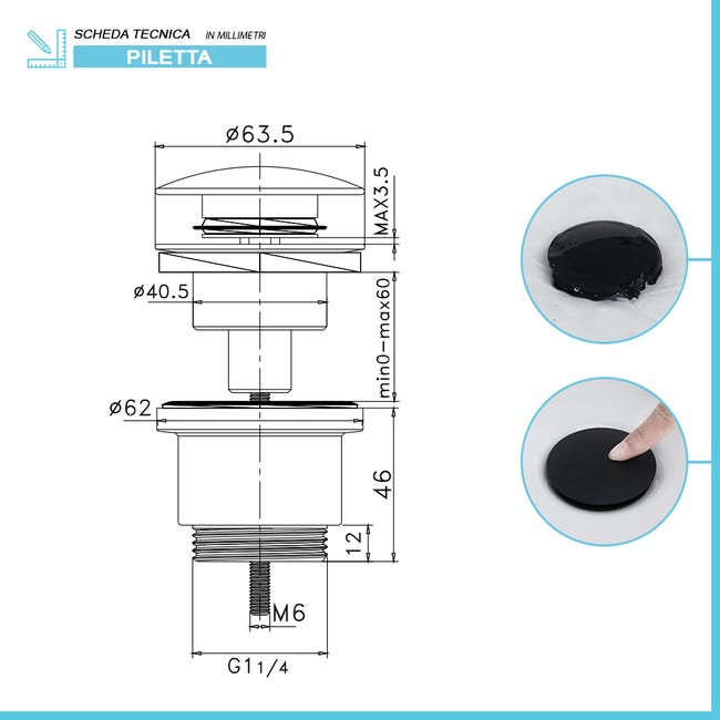 Wasserrhythm Tappo A Molla Click Clack Per Lavabo | Nero Opaco, Acciaio Inox 304, Filetto G1 1/4 BSPP