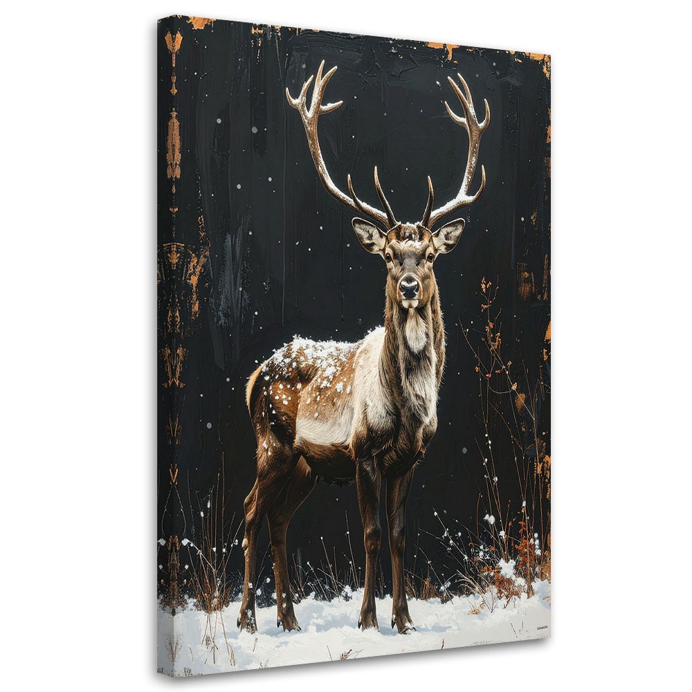 Obraz do salonu jadalni biura, Renifer zima śnieg choinki 40x60