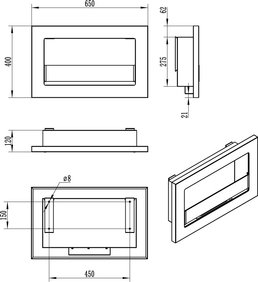 Lareira de bioetanol suspensa com vidro 650x400 preto slim mate estruturado - Linhas Limpa e Calor Aconchegante - 5