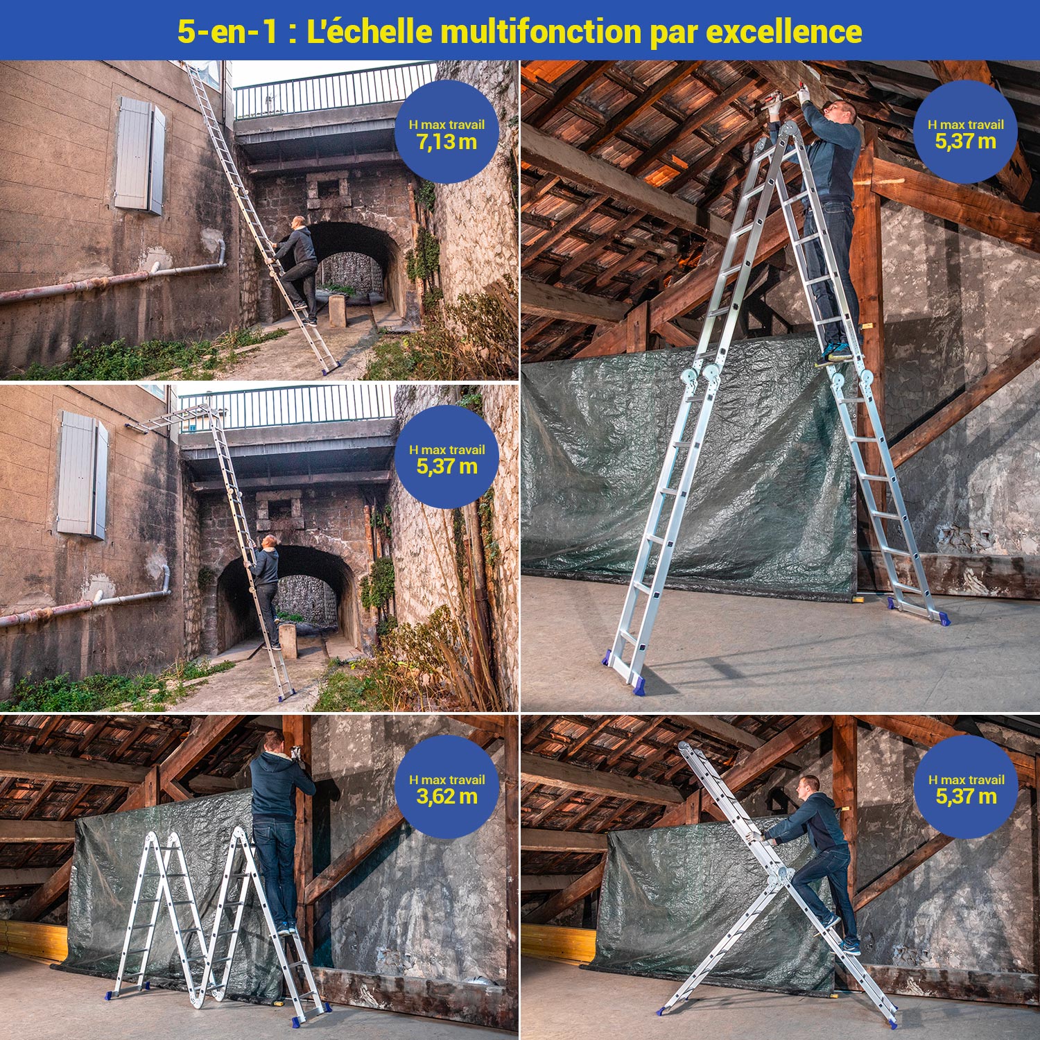 HOSTRÖM Echelle pliante articulée STAVALANCE4x6, 6,8m, 24 marches, multifonction, ecarteur de mur, escabeau, aluminium, H travail max 7,13m - 2