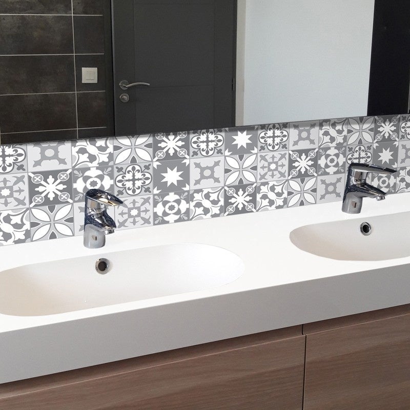 Crédence de salle de bain en PVC style carreaux de ciment gris 140x30 cm (en 2 bandeaux) - Ciment Tendance - 5