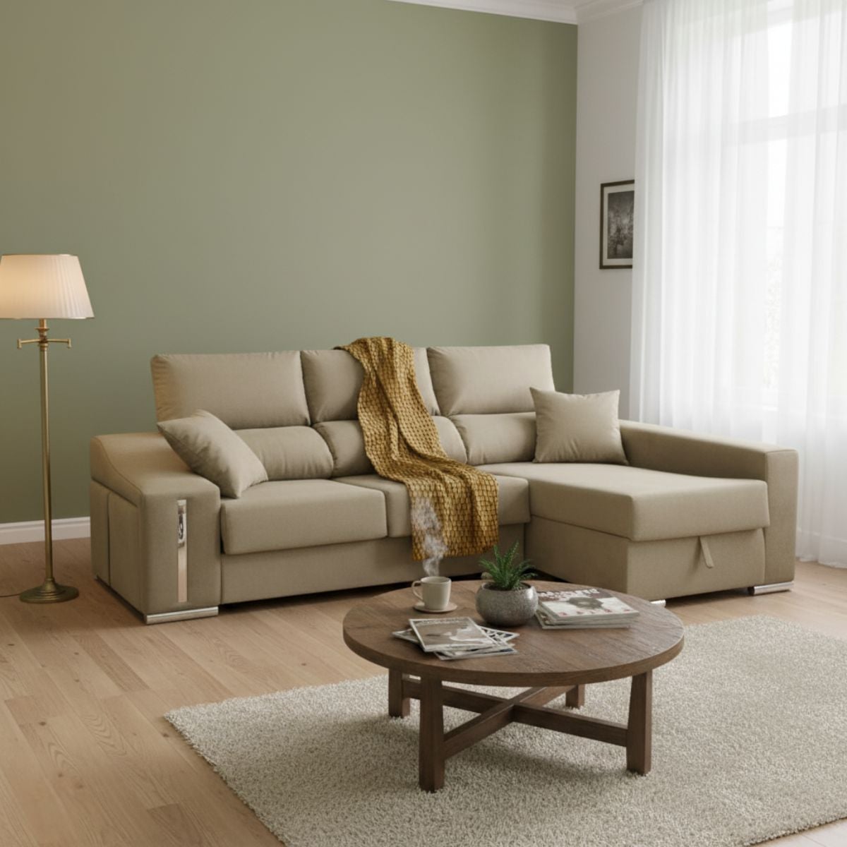 Sofá chaiselongue ares 3 plazas con arcón y 2 taburetes tela nevada beige frente derecha