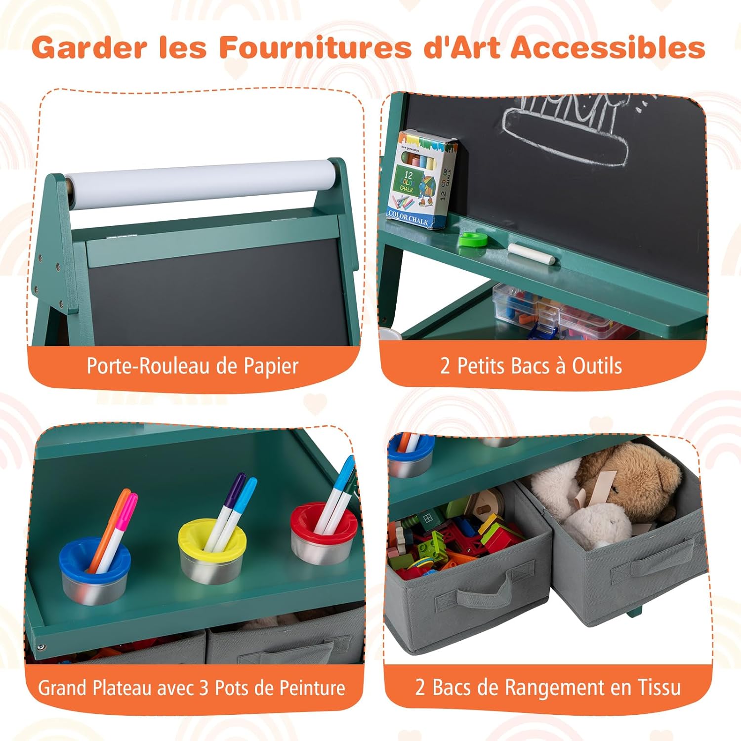 Tableau Enfant Double Face 3 en 1, Chevalet Enfant avec Tableau Blanc Noir et Rouleau de Papier, Chevalet Peinture en Bois, pour 3 à 6 Ans (Vert) - 4