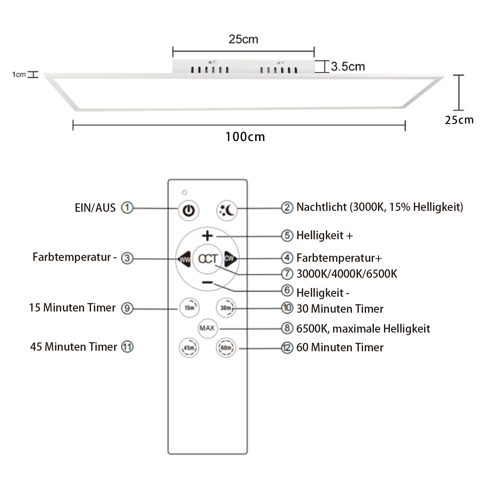 NETTLIFE Plafonnier LED dimmable 100x25 cm panneau de plafond plat long avec télécommande grand blanc 24W - 5