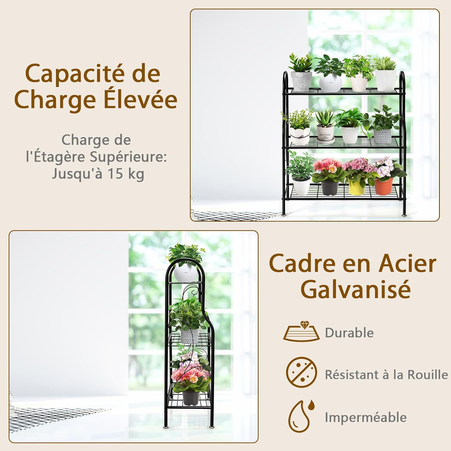 3 Niveaux Support pour Plantes en Métal, Étagère en Fer Imperméable pour Utilisation Intérieure et Extérieure, Noir - 4