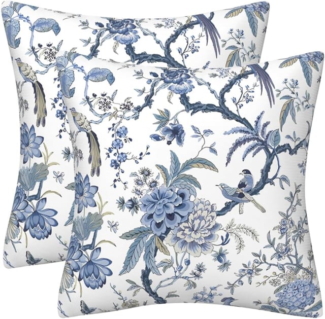 Lot de 2 housses de coussin carrées double face bleu avec oiseaux et fleurs, 45 x 45 cm, pour canapé, salon, lit, canapé, housses de coussin