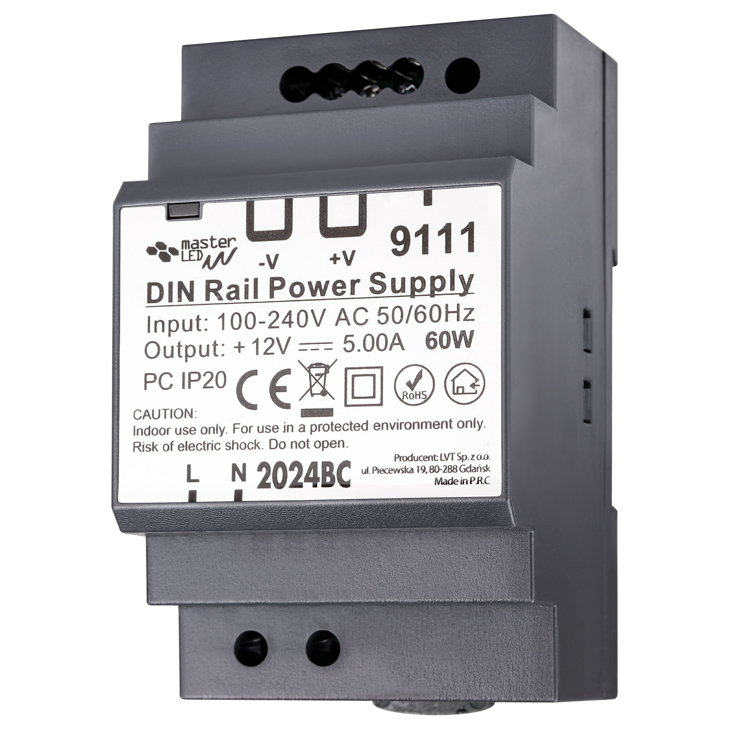 Zasilacz na szynę DIN 12V 60W 5A IP20 52x58.5x92.5mm klasa II MasterLED