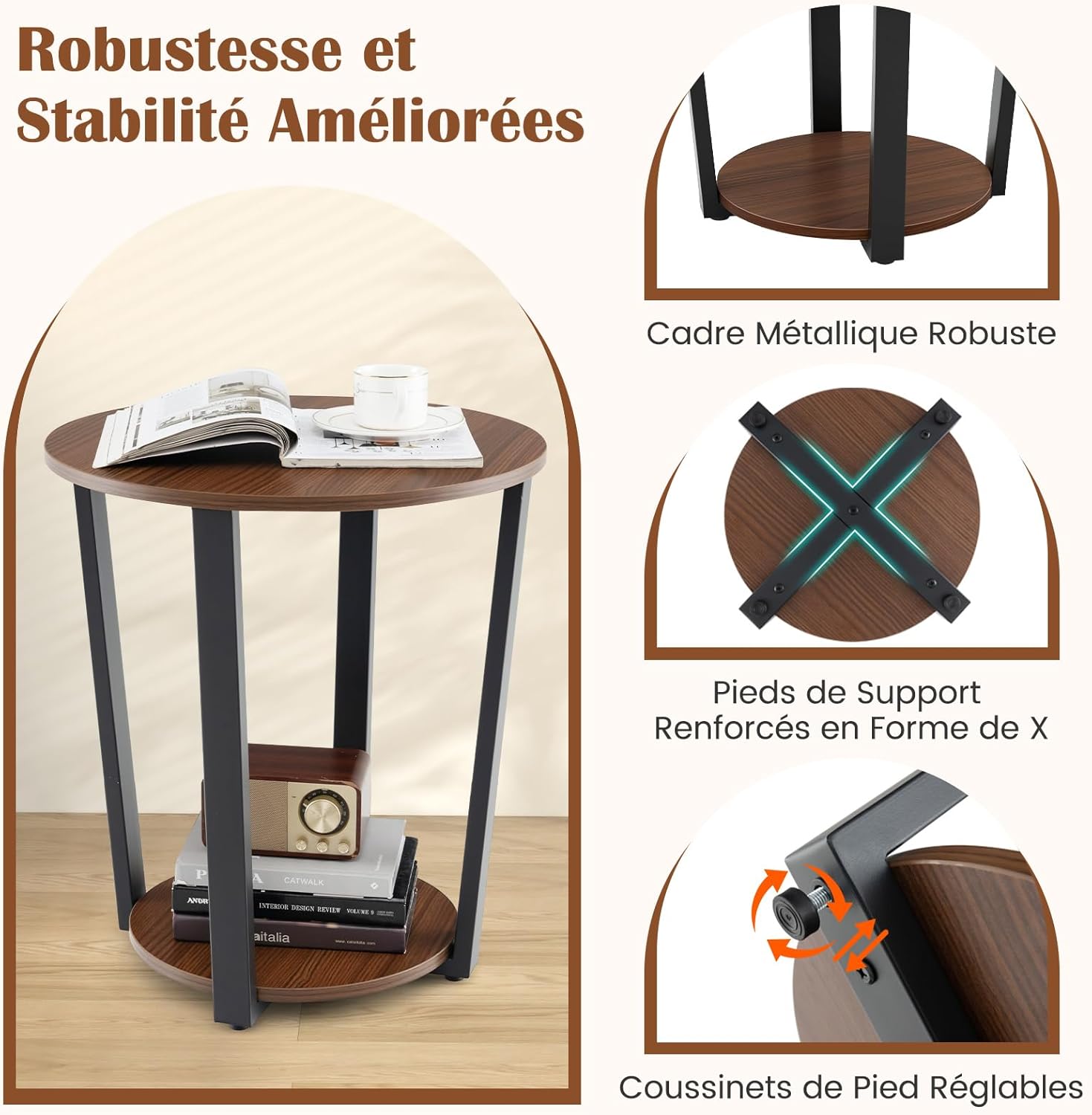 Tavolino Rotondo, Tavolino Laterale a 2 Ripiani con Mensola Aperta, Tavolino da Divano con Struttura in Metallo per Soggiorno, Camera da Letto - 7