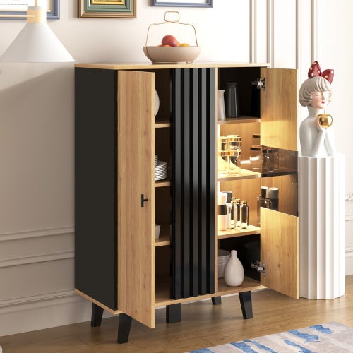 Buffet, Grande Vitrine Armoire 80x120x40 cm avec Éclairage LED, 3 Étagères et Portes Vitrées, Rangement Polyvalent - Noir et Bois - 5