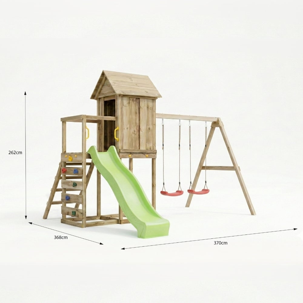 Cabane surélevée en bois pour enfants Maxplay 5 avec toboggan vert, double balançoire et mur d’escalade - 8