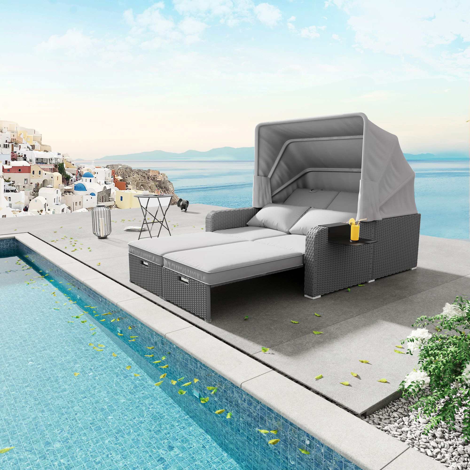 Canapé Polyrattan 2 Places avec Fauteuil Lounge, Coussins Confortables et Marquise Amovible pour Jardin et Terrasse - 8