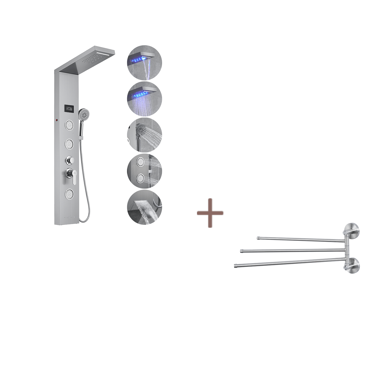 Colonne De Douche LED 5 En 1 – Acier Inox, Jets Massage, Pomme Main – Nickel Brossé