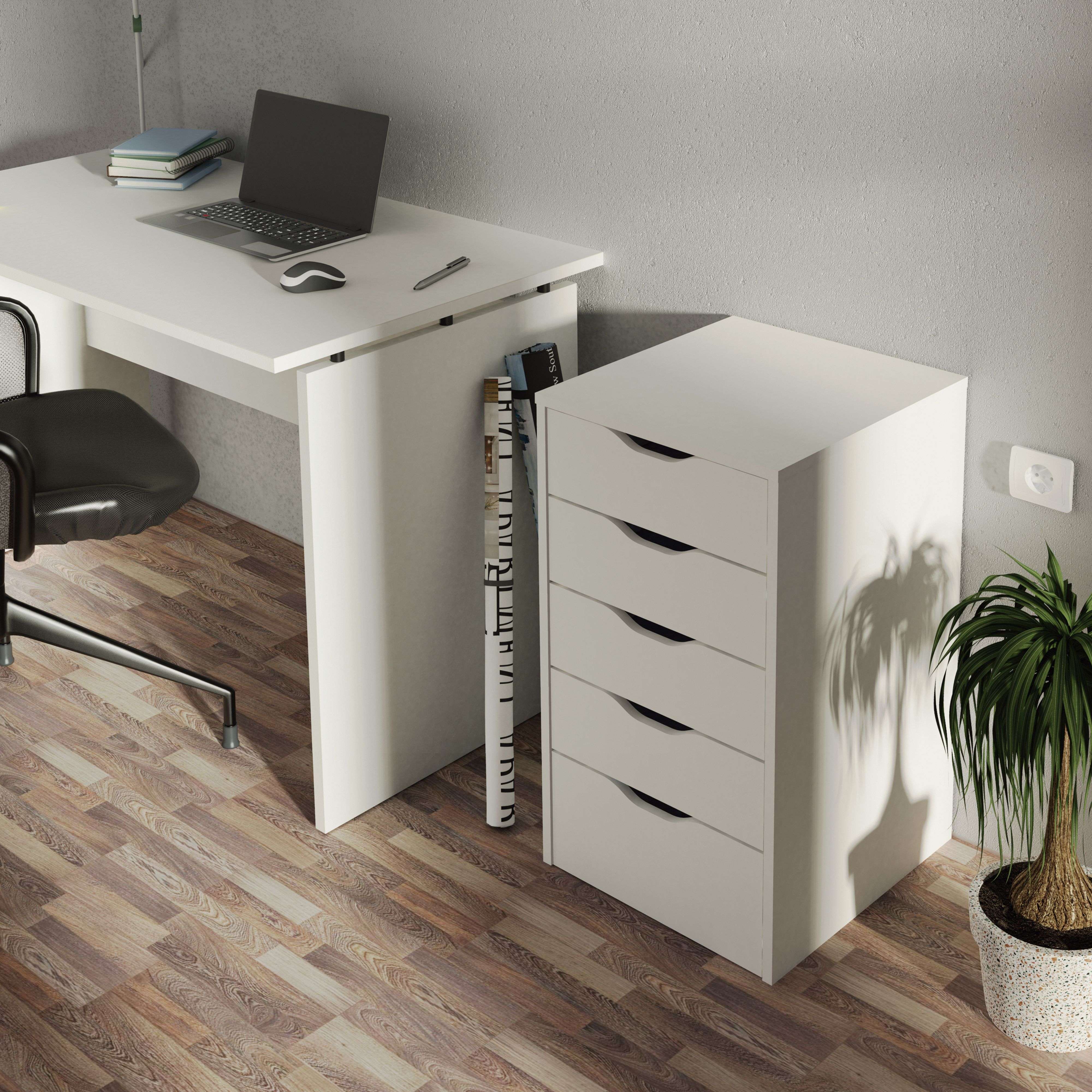 Commode 5 tiroirs Eko blanche, meuble de rangement de bureau moderne, 71 x 40 x 43 cm - 7