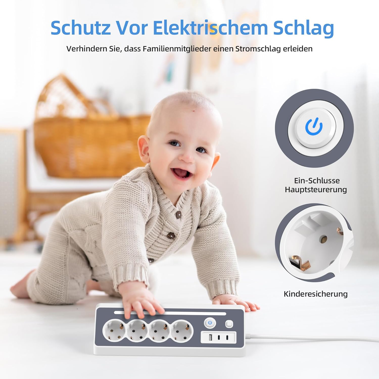 Multiprise de Bureau, 4 Prises avec USB et 2 Types C, 16 A, 3680 W, 2 Interrupteurs, Protection Surtension LED, Multiprise Cuisine Bureau - 4