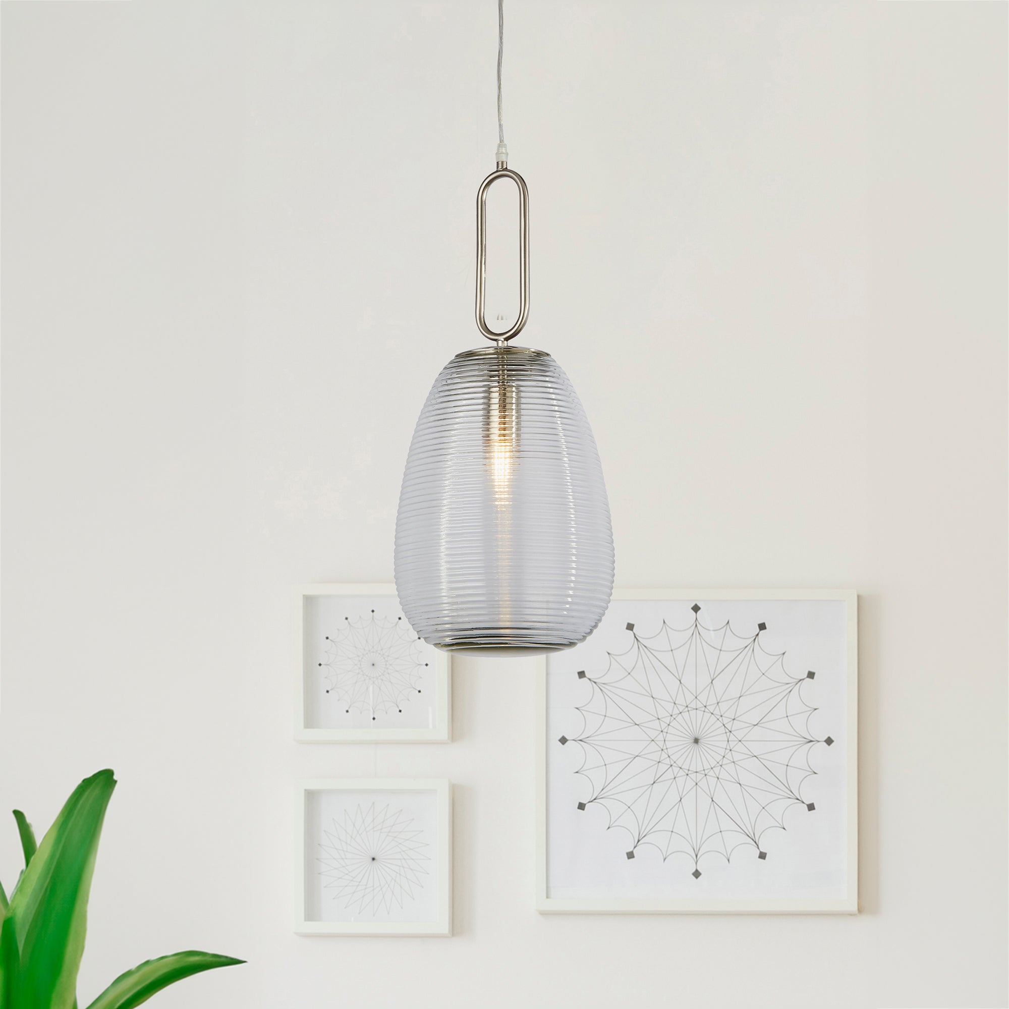 Suspension ELIXIR 1L métal nickel satine,verre strié nervuré transparent E27 max 60w diamètre 24cm - 5