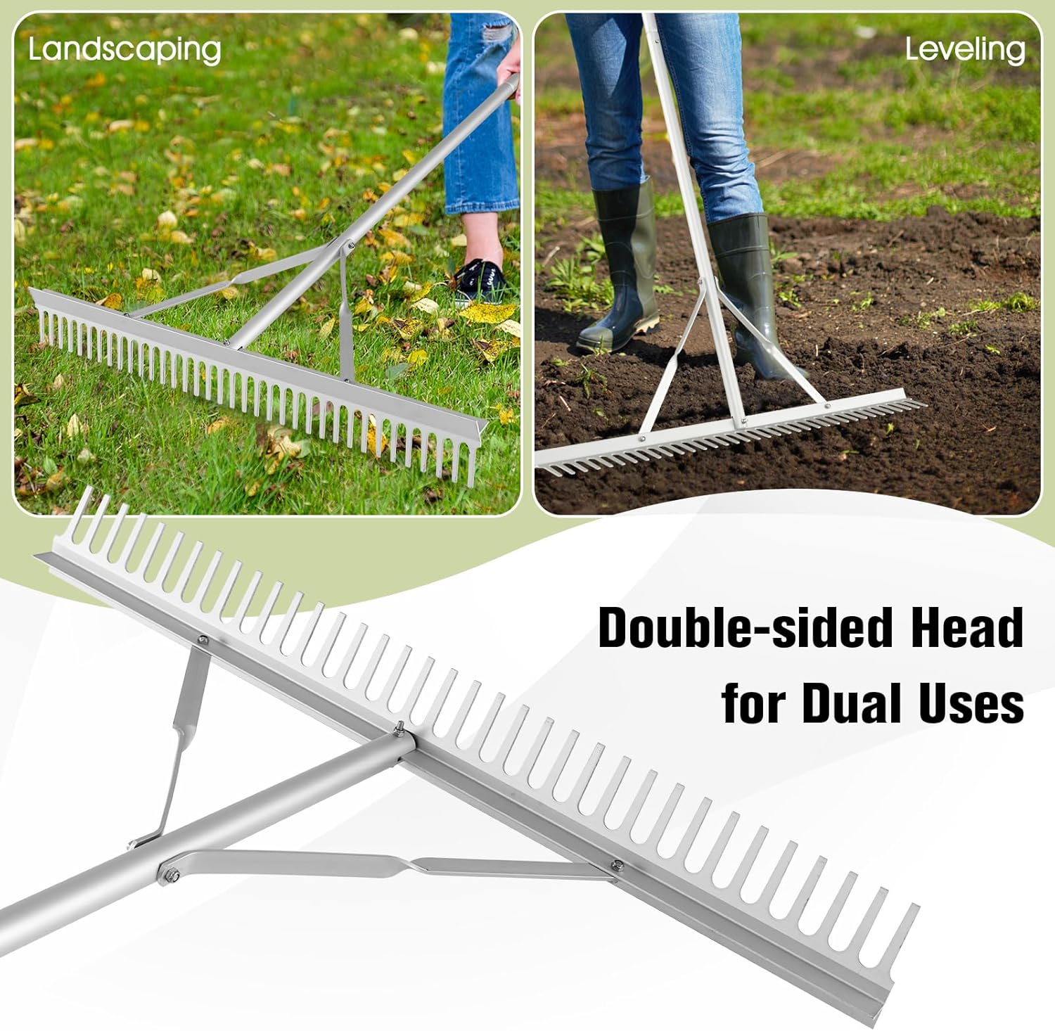 Grabie Ogrodowe z Aluminium z Dwustronną Głowicą o Długości 91 cm, 36 Zębami i Antypoślizgowym Trzonkiem o Długości 174 cm do Spulchniania Gleby - 3