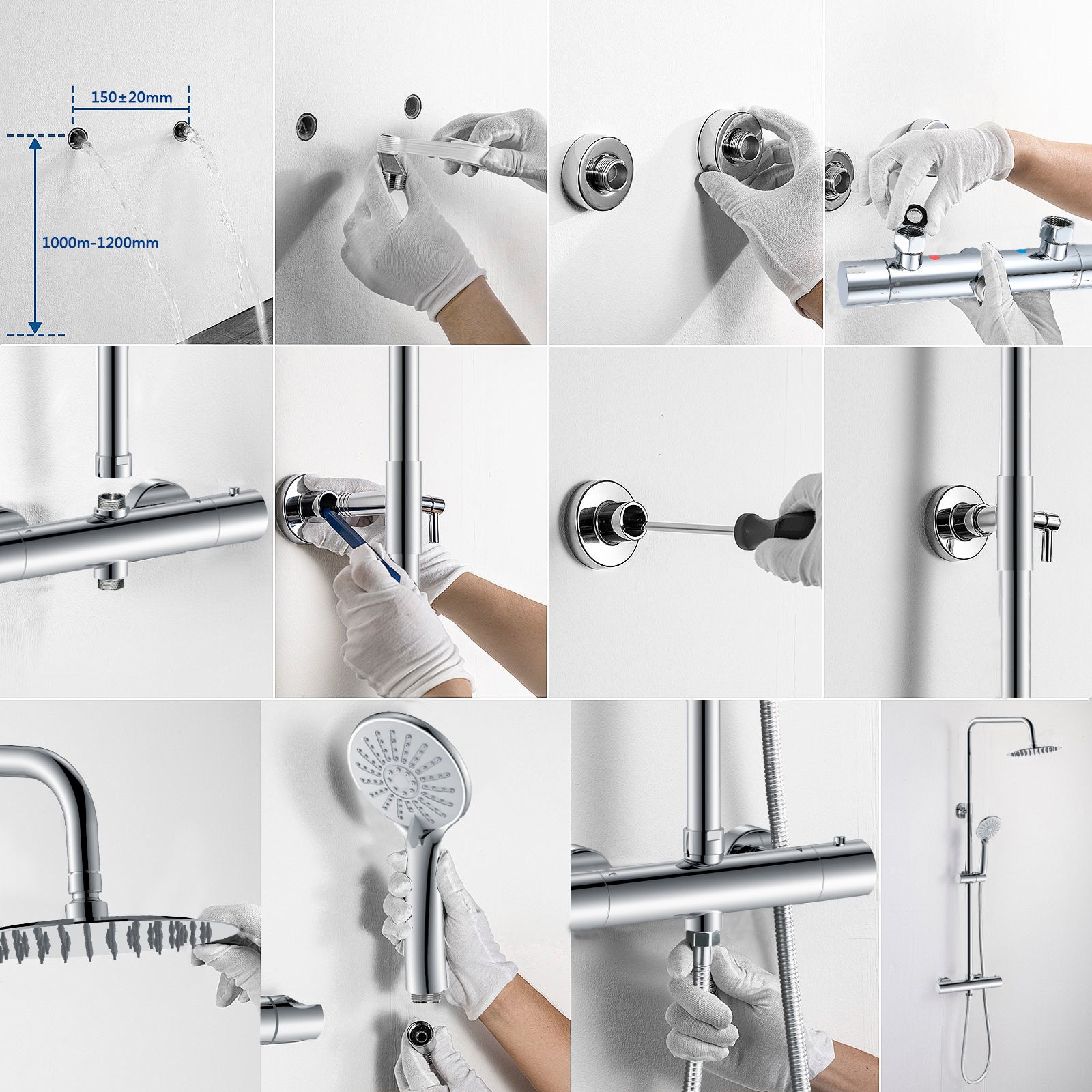 AICA Colonna doccia a ponte con soffione circolare 20x20cm, sistema doccia con miscelatore, cromato lucido - 8