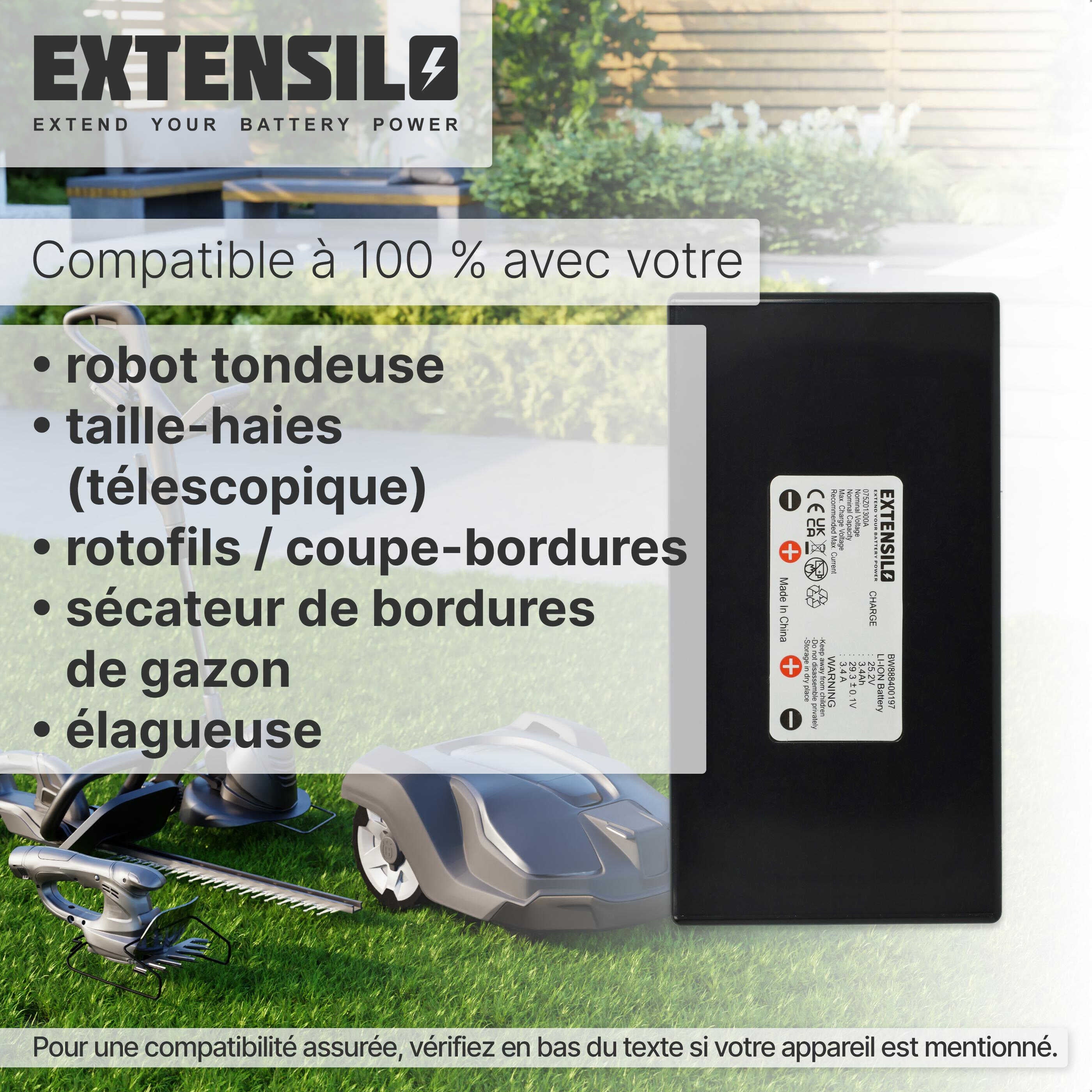 EXTENSILO Batterie compatible avec Alpina AR1 500 robot tondeuse (3400mAh, 25,2V, Li-ion) - 2