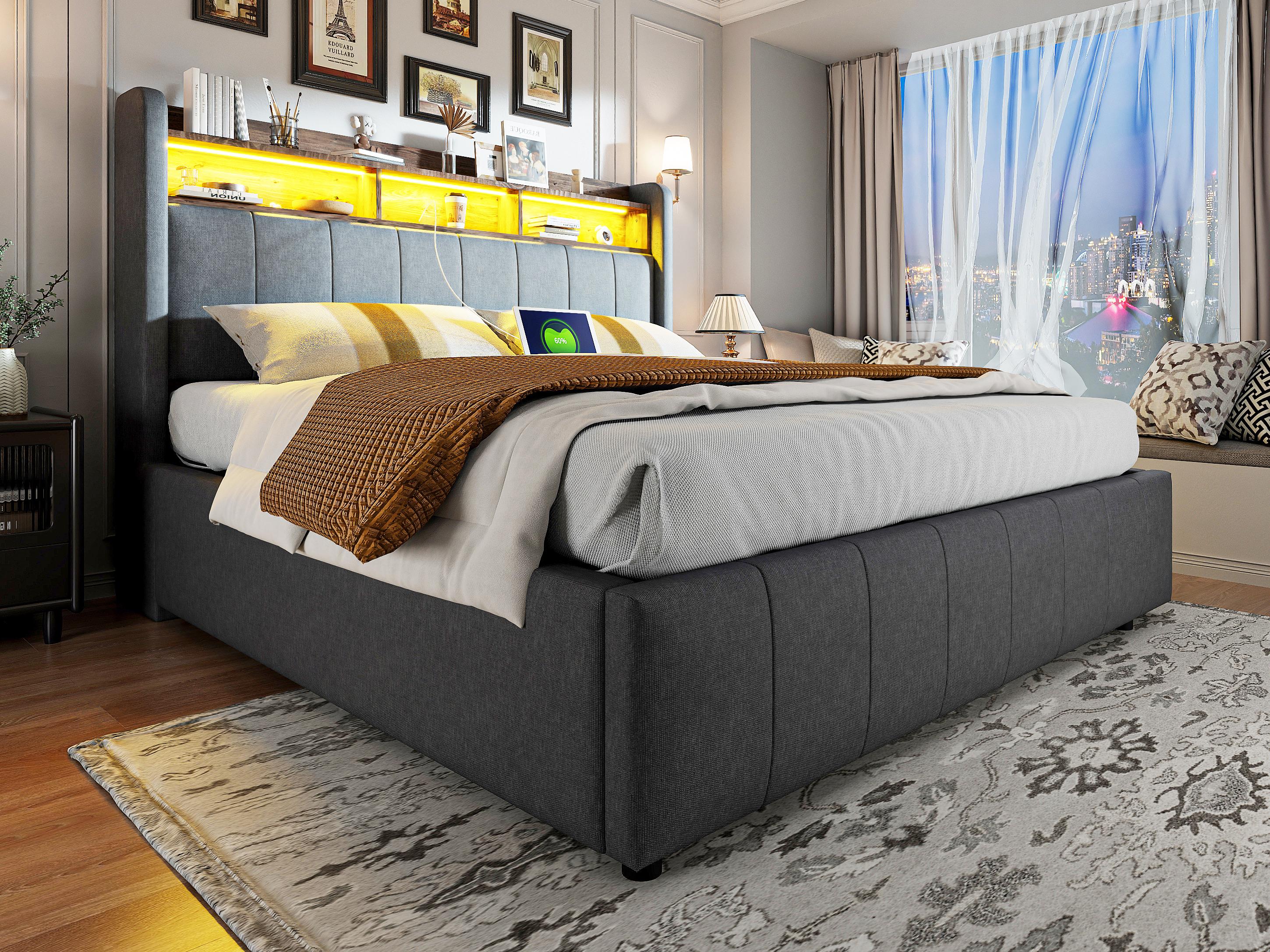 Lniane tapicerowane łóżko skrzyniowe 160x200cm - z LED + gniazdka - Szary