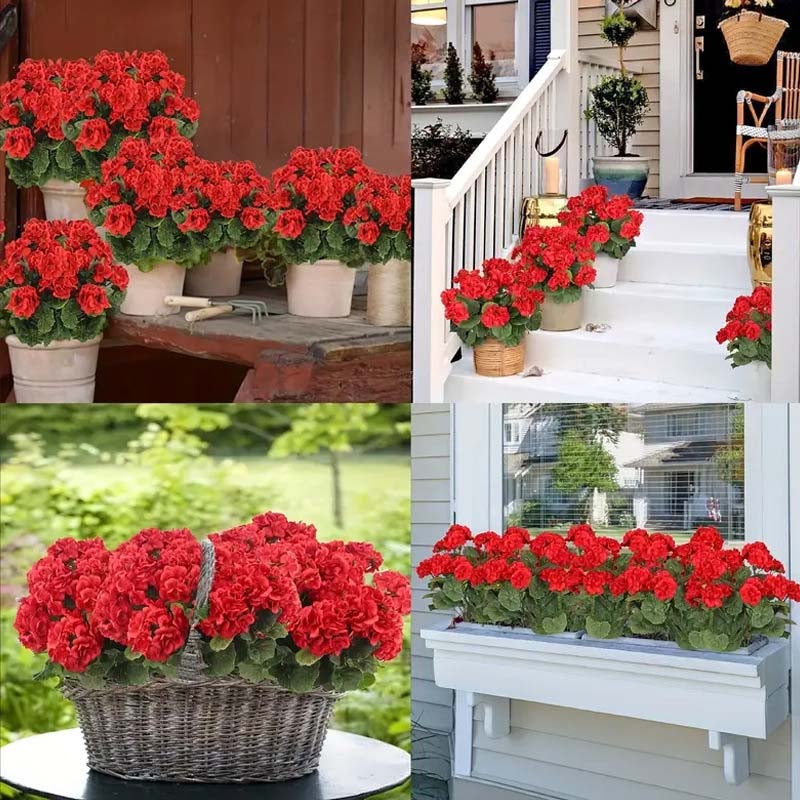 7 ramos geranios rojos artificiales resistentes a los rayos UV, flores para cementerio, balcón, jardín, hogar, primavera, decoración - 9