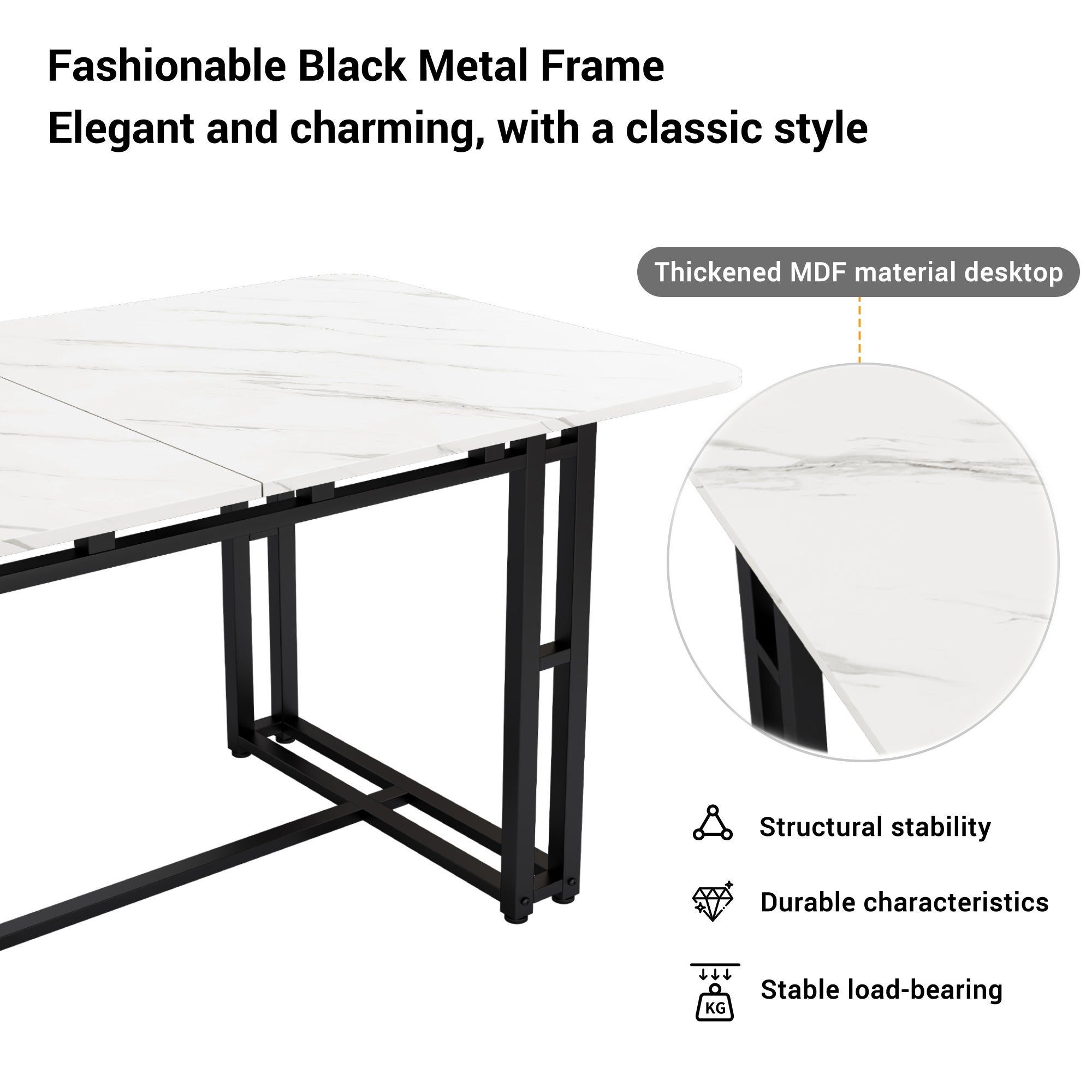 Mesa de comedor para 6 a 8 cubiertos con diseño de mármol - MDF + patas de metal negro - blanco - 7