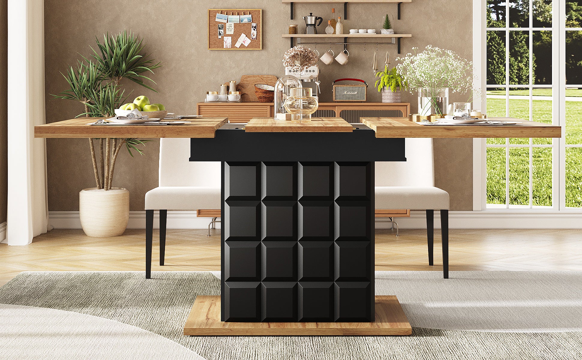 Table à manger extensible 4 à 6 couverts avec 2 portes - 110/140 x 80 x 75 cm - MDF - Noir + naturel - 5