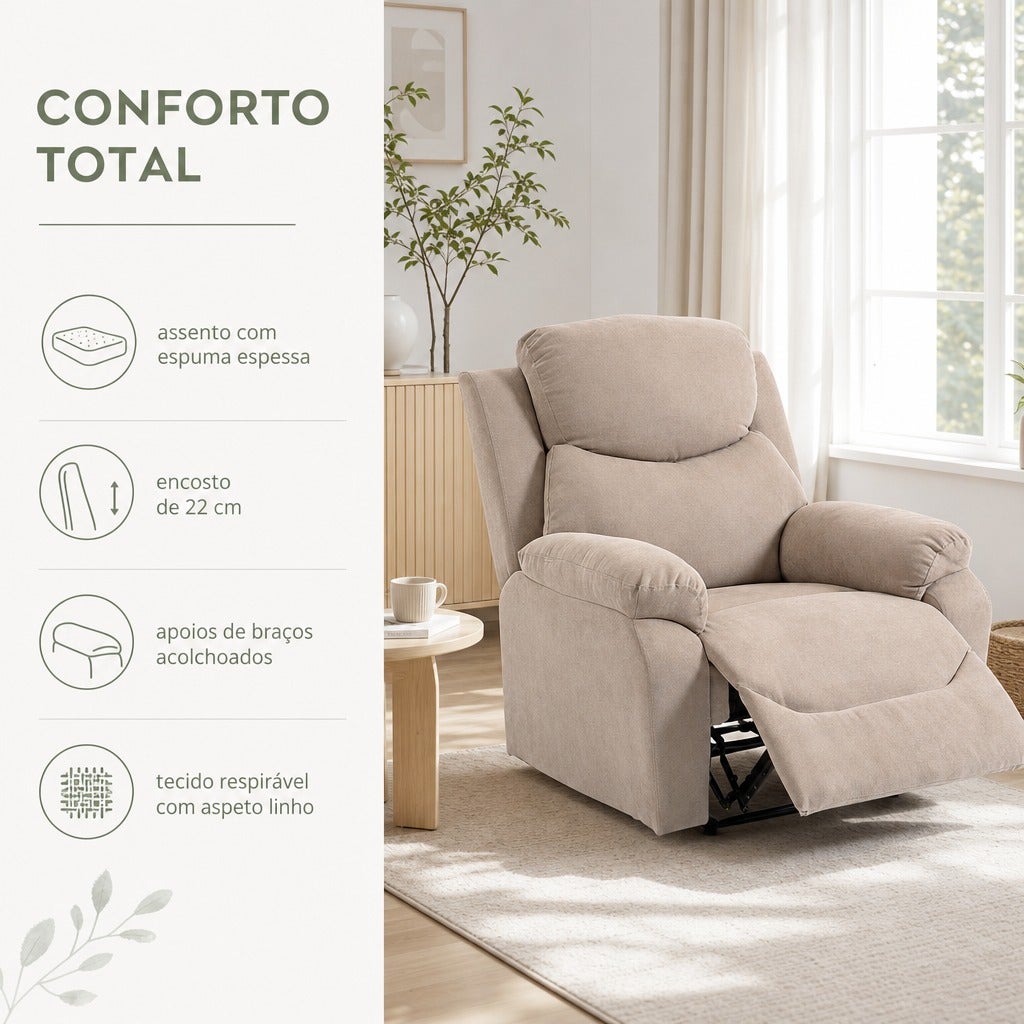Fauteuil Relax Manuel Beige 85x93x105cm Tissu Lin Repose-Pieds Accoudoirs Rembourrés - 3