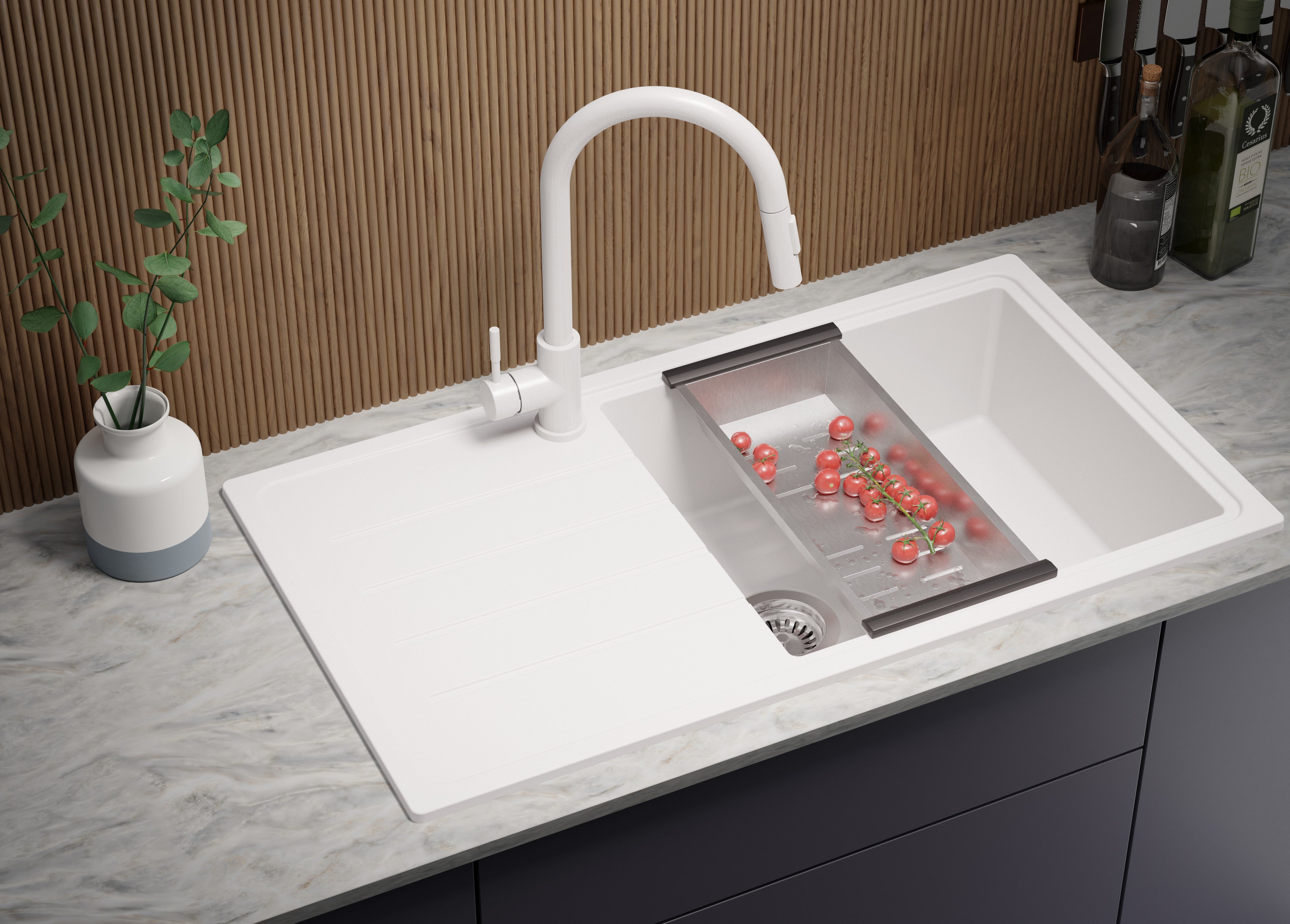 Lavello da Cucina Bianco 90x50cm, Lavandino da Cucina a 1 vasca + Sifone Classico, Lavabo da Cucina Incasso al mobile 60cm - London di Primagran - 2