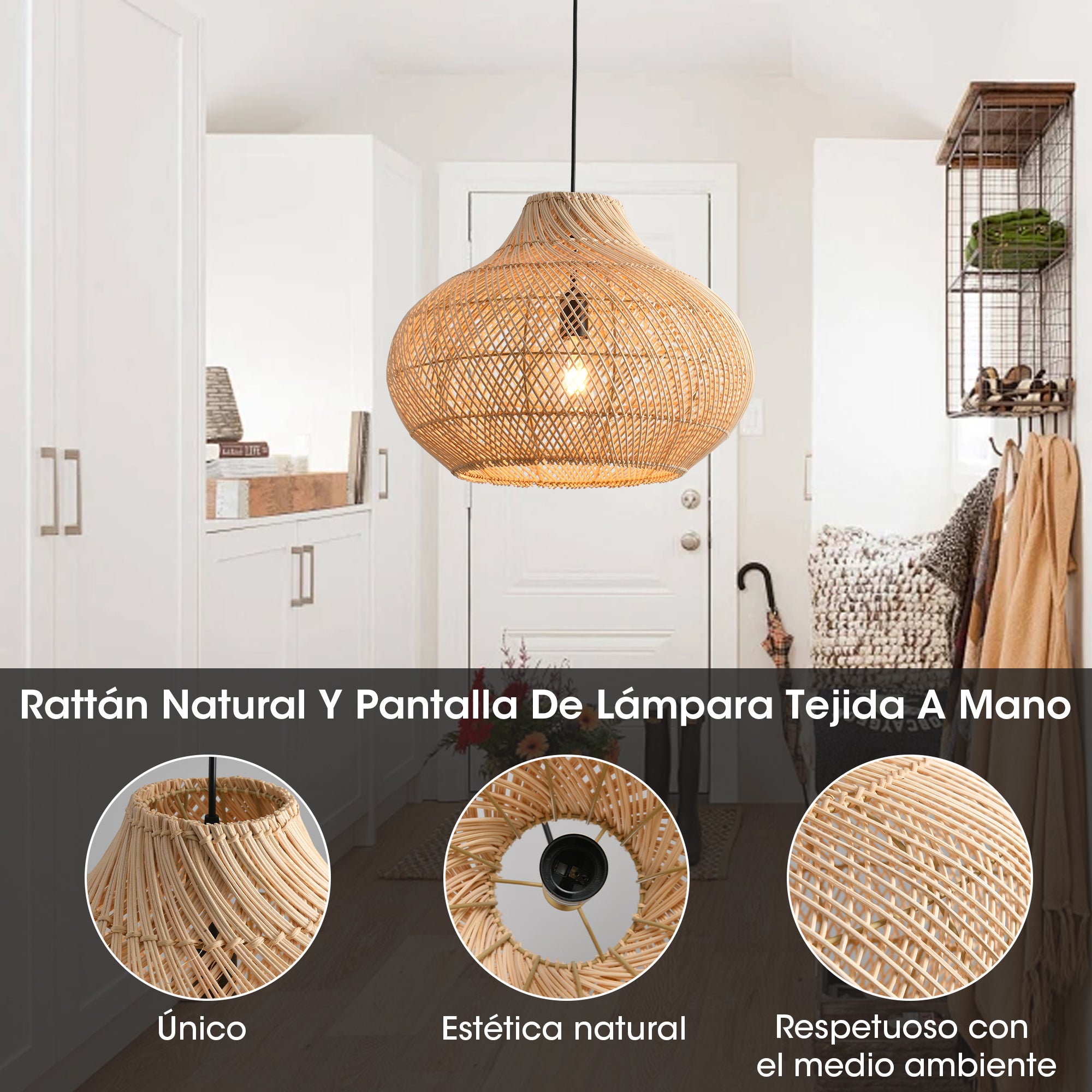 Parrot Uncle lámpara colgante de ratán natural Ø35 cm, trenzada a mano, hierro negro, estilo natural, E27, cable 145 cm - 5
