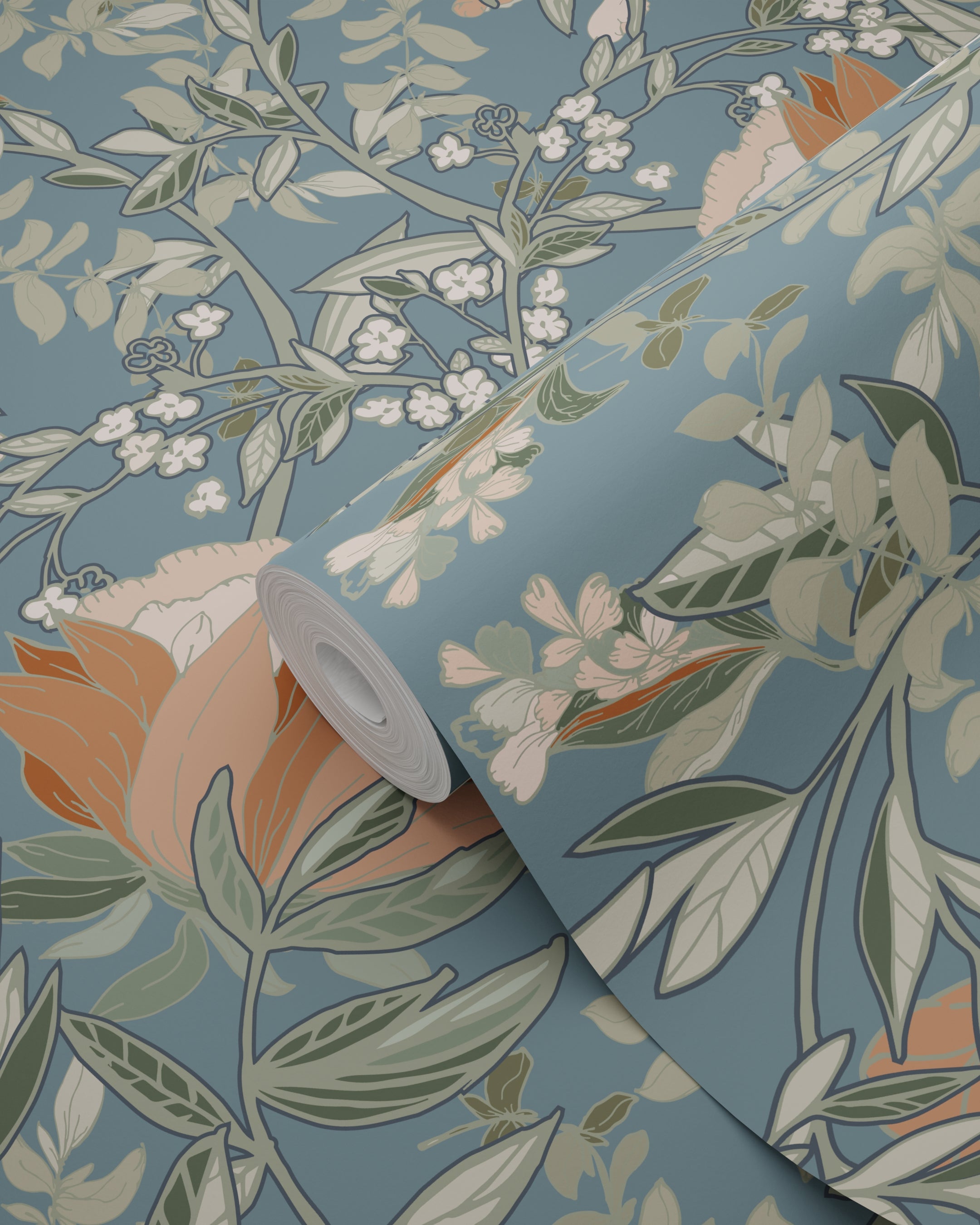 Papier peint fleurs vintage de style art nouveau bleu gris - 53 cm x 10.05 m - ESTAhome - 8