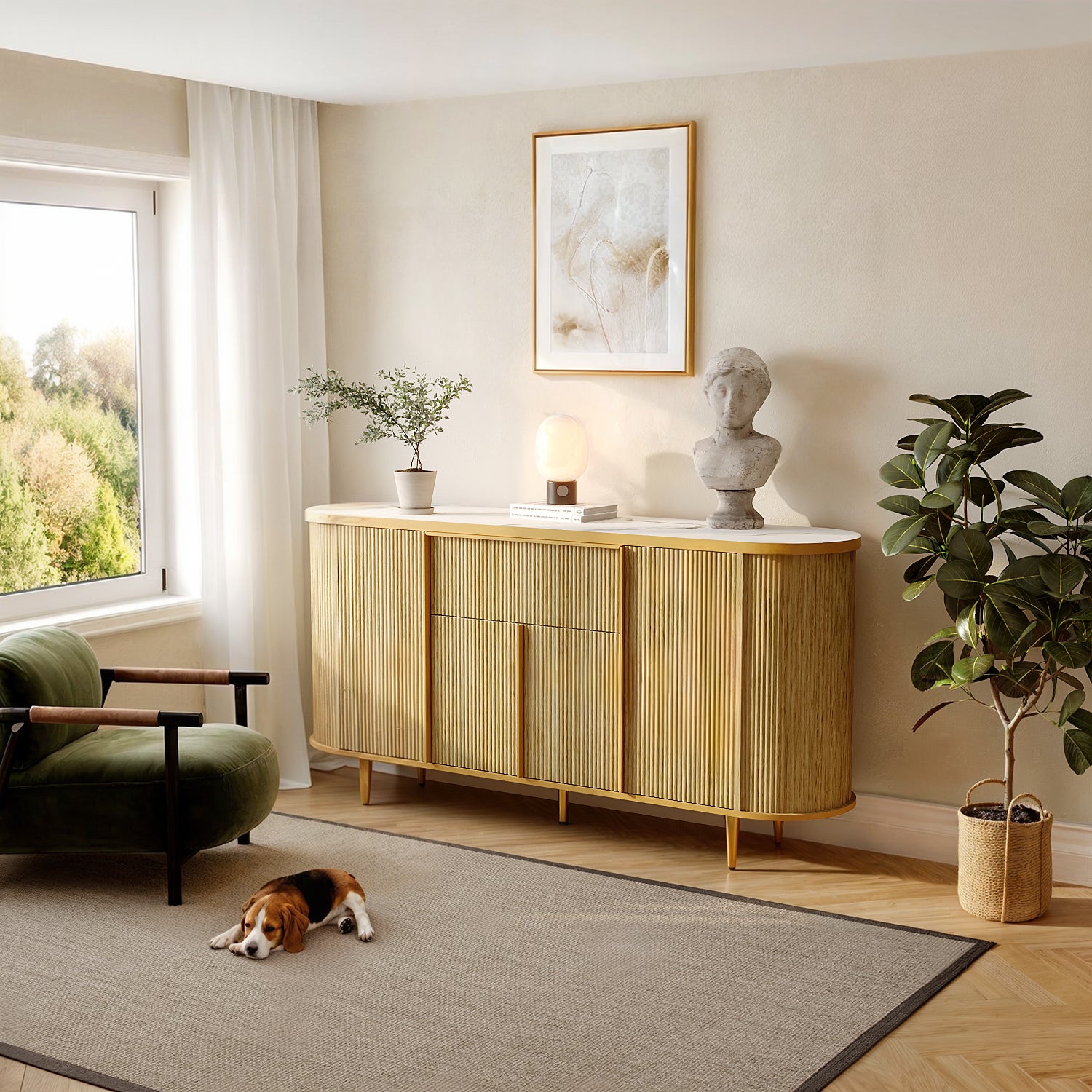 Buffet de Salon avec 4 Portes et Tiroir, Meuble de Chambre avec Façade Sculptée et en Bois Texturé, 160x40x82.5, Naturel et Marbre - 7