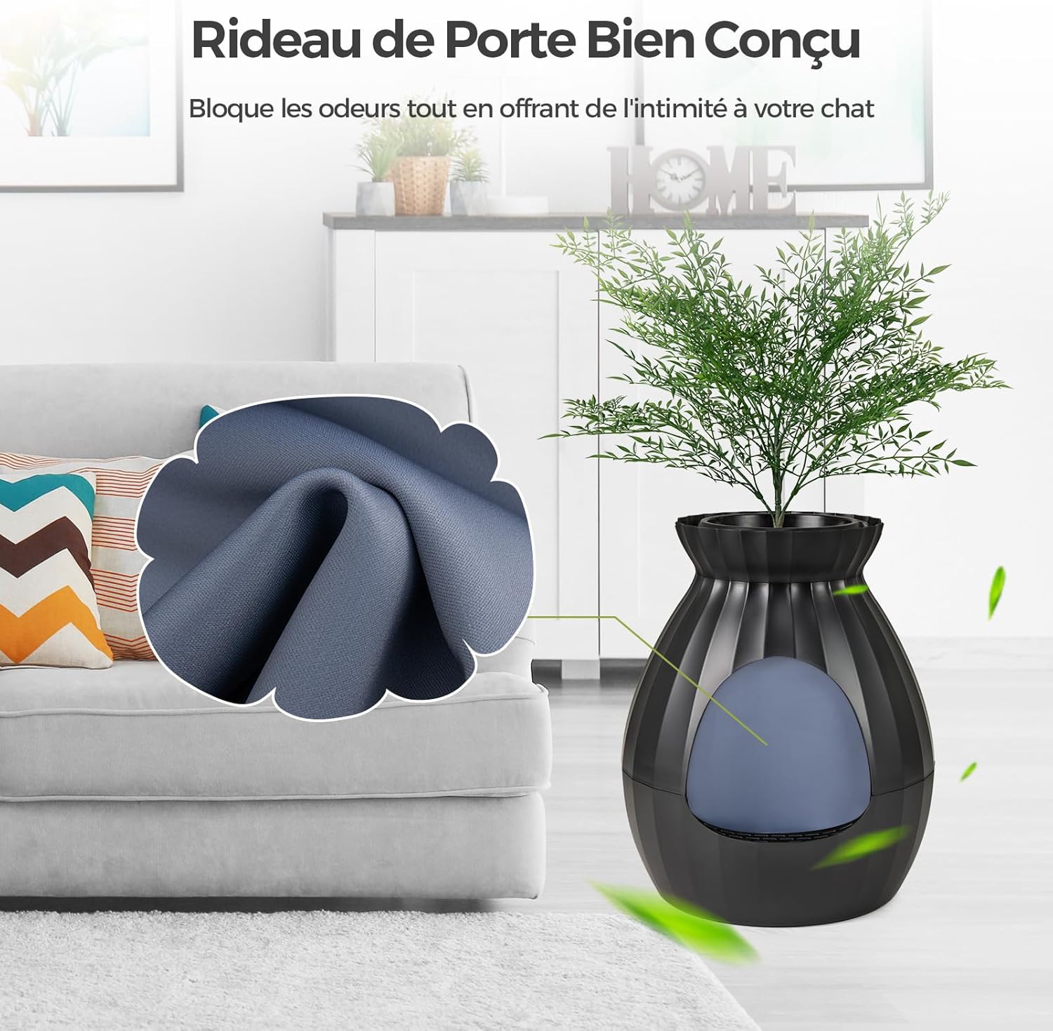 Bac Litiere pour Chat XXL avec Désodorisation Ionique, Grande Caisse Chat Litiere 63L avec Plante Artificielle Verte,Noir - 4