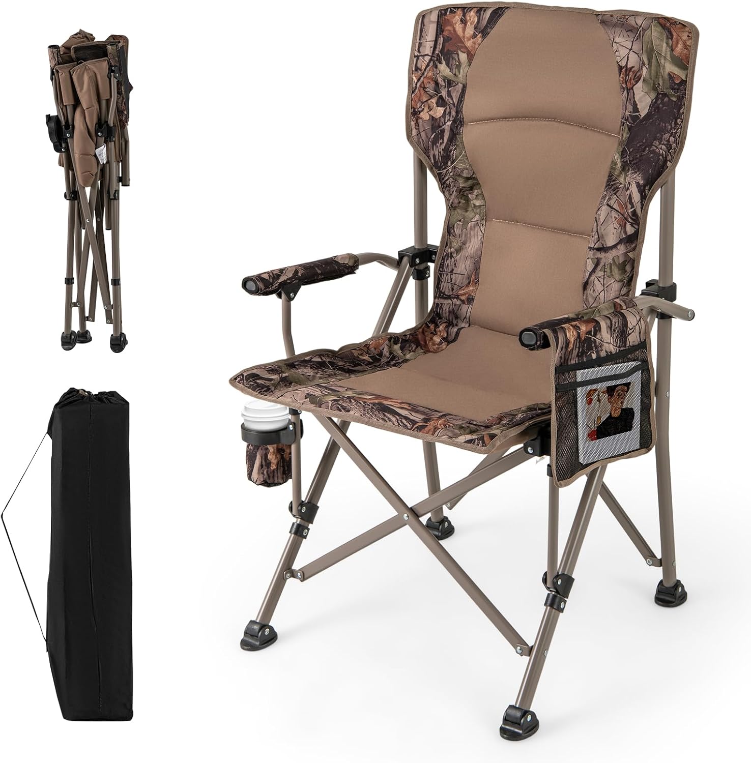 Składane Krzesło Kempingowe, Ogrodowe z Uchwytem na Kubek i Siatkową Torbą do Transportu, Pełna Wyściółka i Torba Transportowa, Nośność 180 kg